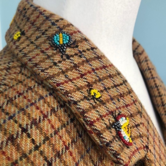 Armand Ventilo Brown Houndstooth Print Wool Blazer Beaded Collar, French Size 40 - Picture 3 of 13